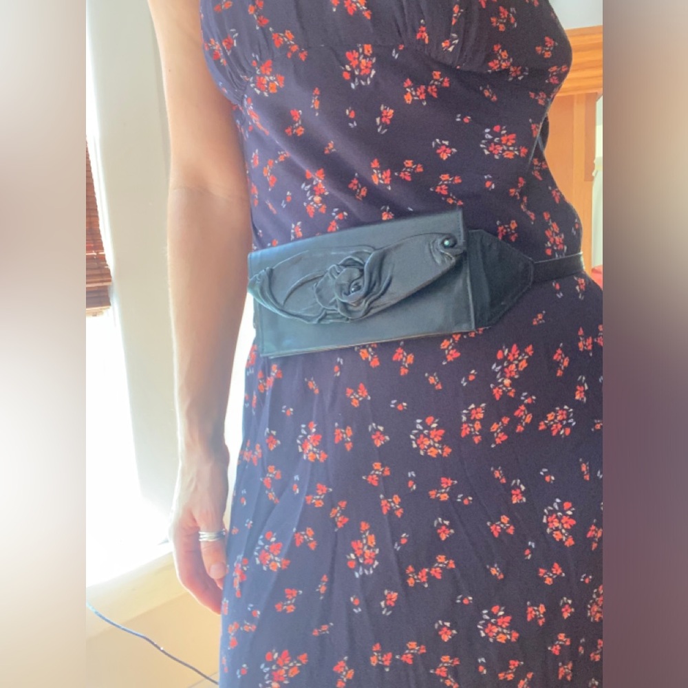 Vintage Black leather fanny pack sleek embossed with flower belt bag